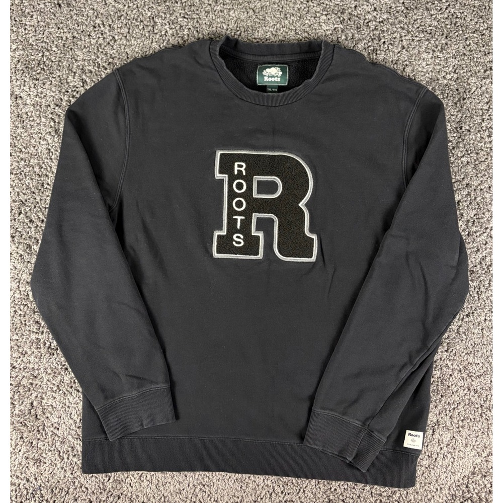 Roots Mens XXL Black Chenille Varsity Logo Fleece Crewneck Sweatshirt CA05017